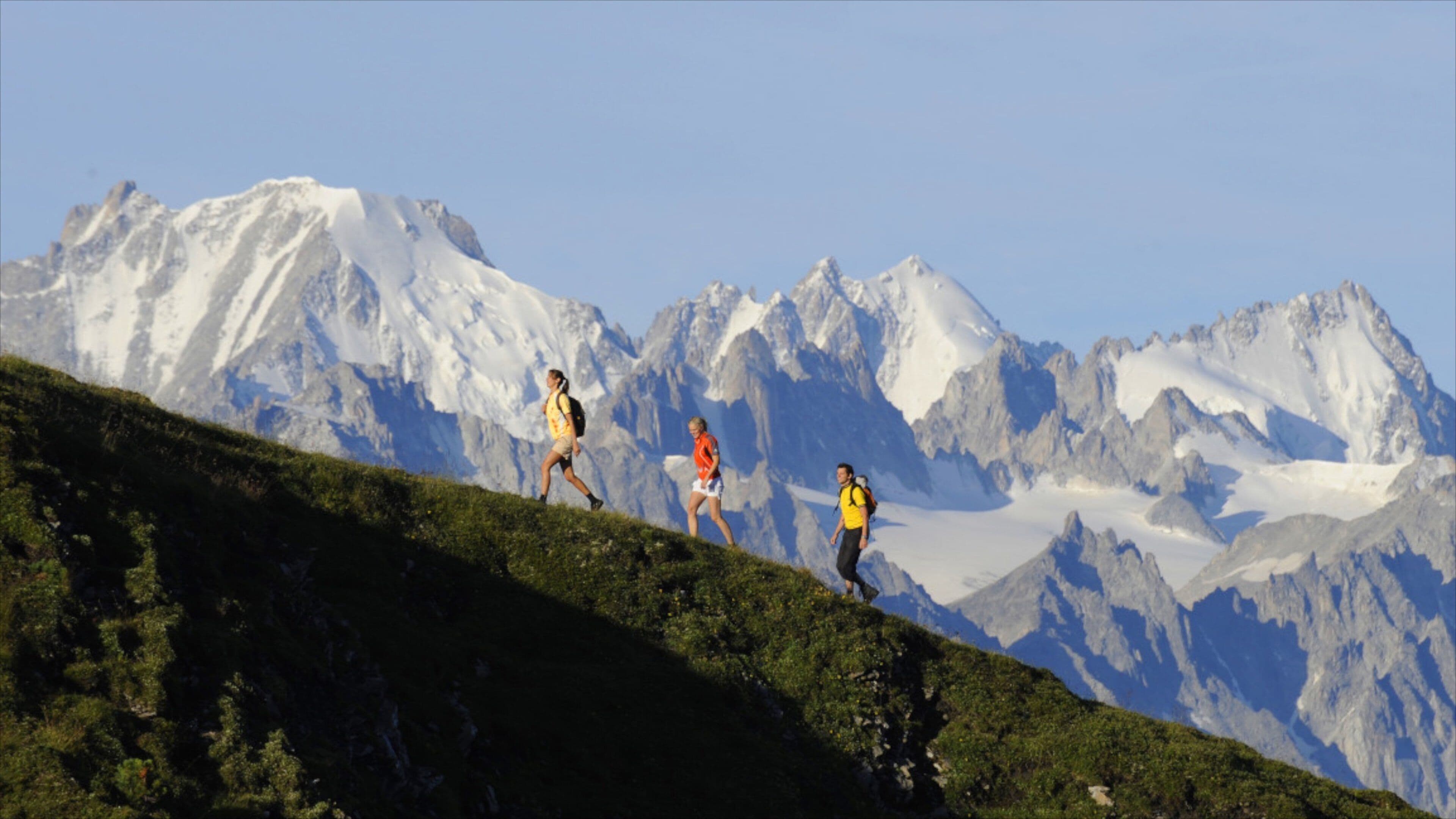 Hikers on a mountain trail with snow-capped peaks in the background.