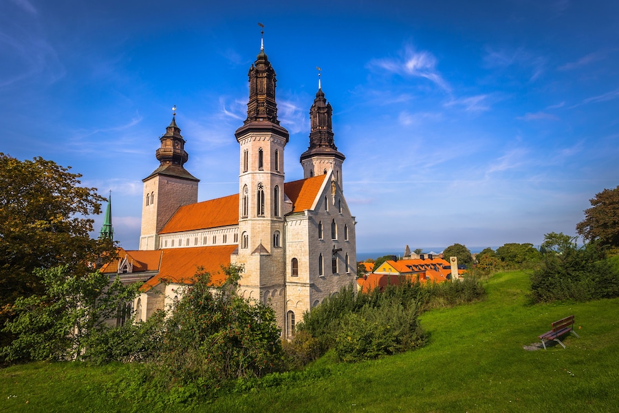 Visby - September 23, 2018: The cathedral of the old town of Visby in Gotland, Sweden