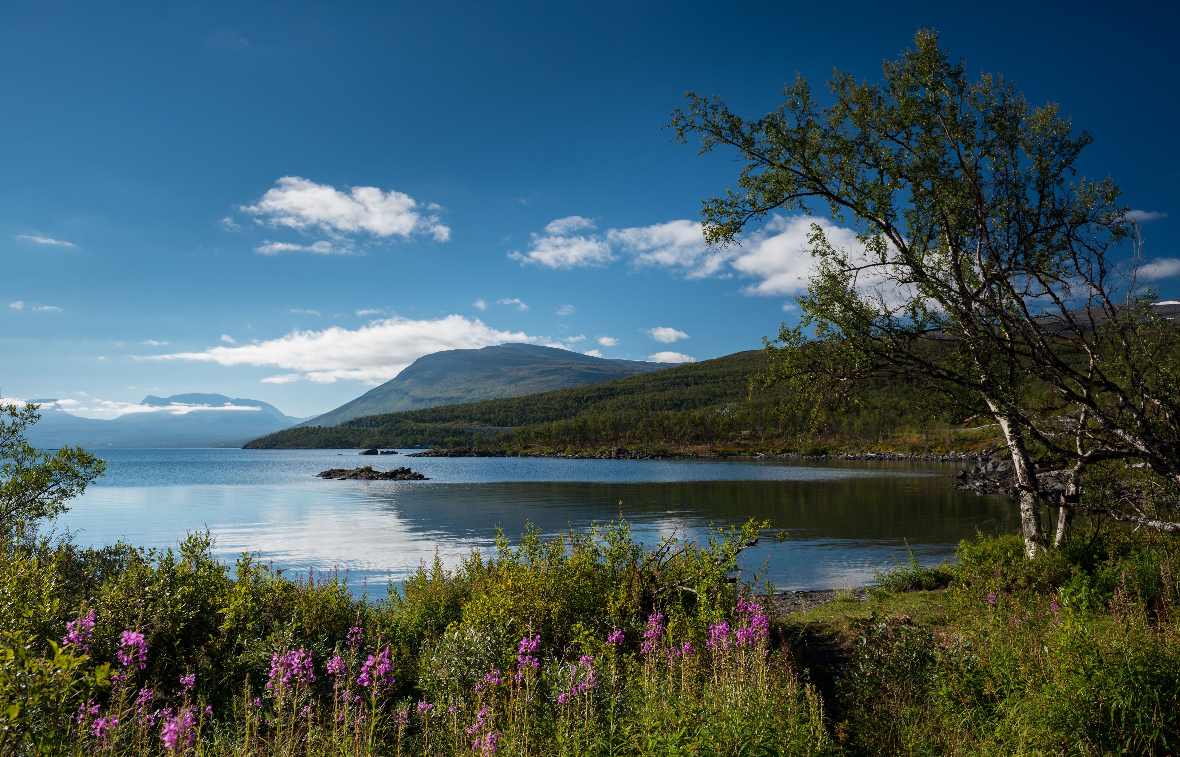 A lake surrounded by mountains and lush greenery.