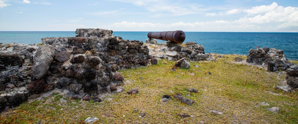Fort Charles which includes general coastal views and heritage elements