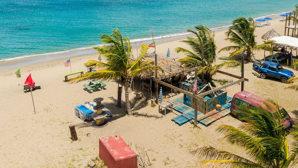 A beach with palm trees, a wooden structure, and a blue car.
