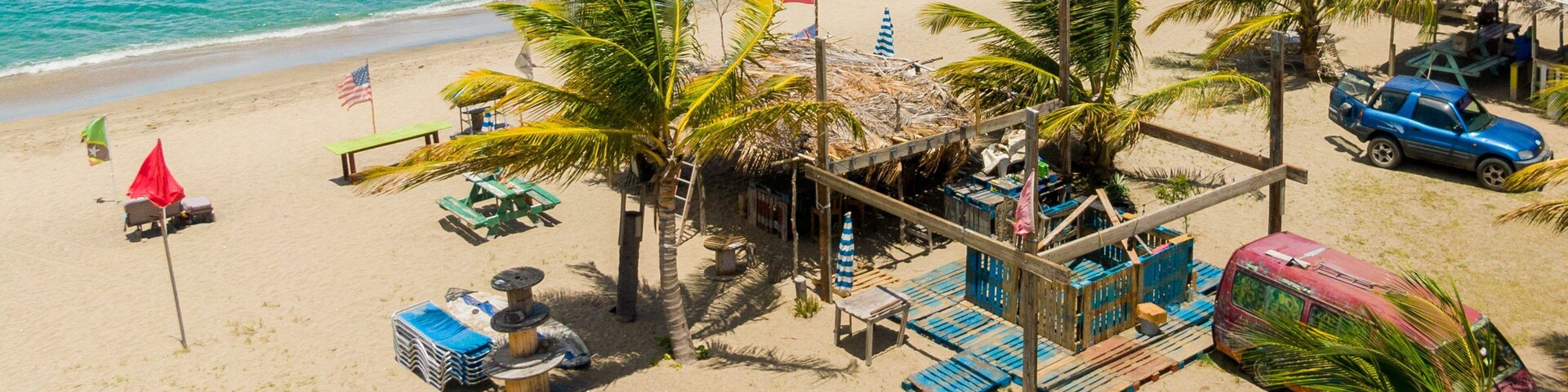 A beach with palm trees, a wooden structure, and a blue car.