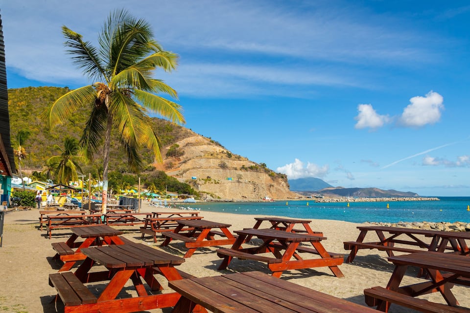 A beach with wooden picnic tables, a palm tree, and a rocky cliff in the background.