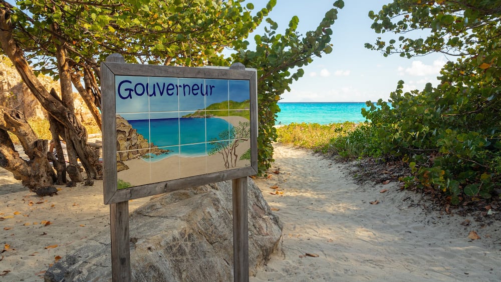 Gouverneur Beach showing a sandy beach and signage