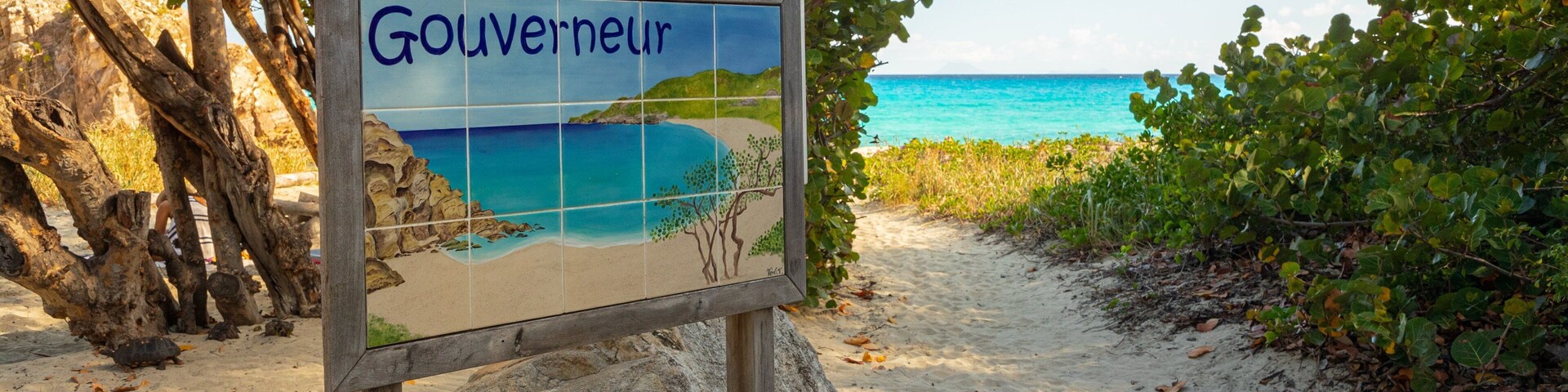 Gouverneur Beach showing a sandy beach and signage