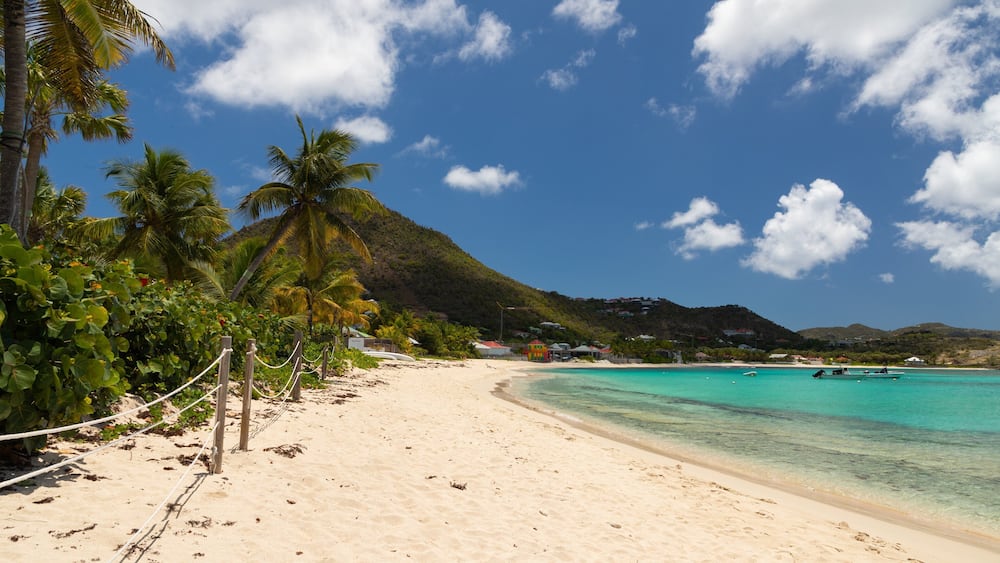 Lorient Beach which includes tropical scenes, general coastal views and a sandy beach