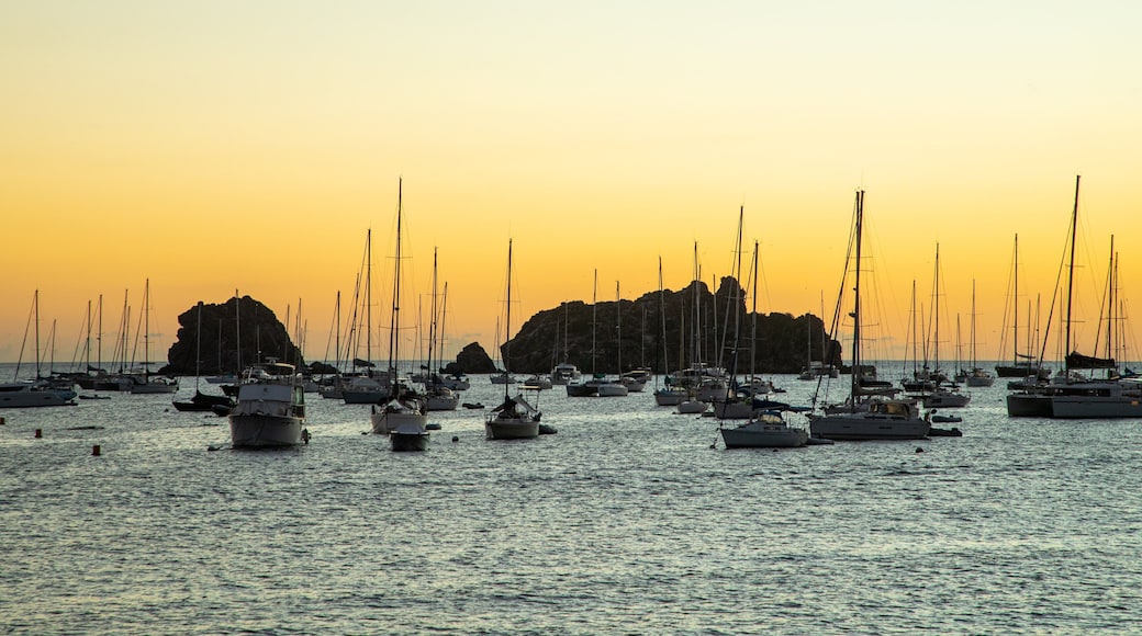 Gustavia Harbor showing general coastal views, a bay or harbor and a sunset