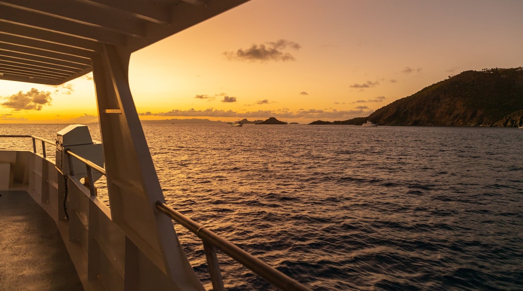 Gustavia Harbor which includes a sunset and general coastal views