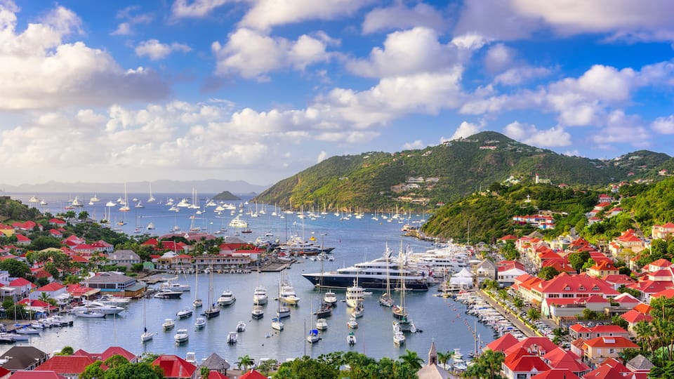 A coastal town with a marina filled with boats, surrounded by lush green hills and red-roofed buildings.