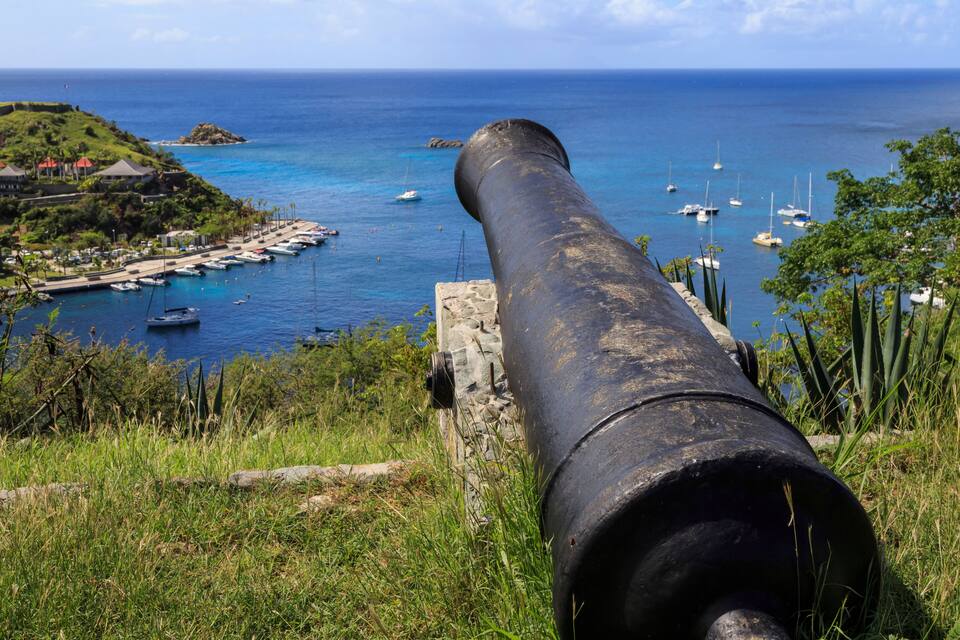 A large cannon overlooking a coastal marina with boats and a small island in the background.