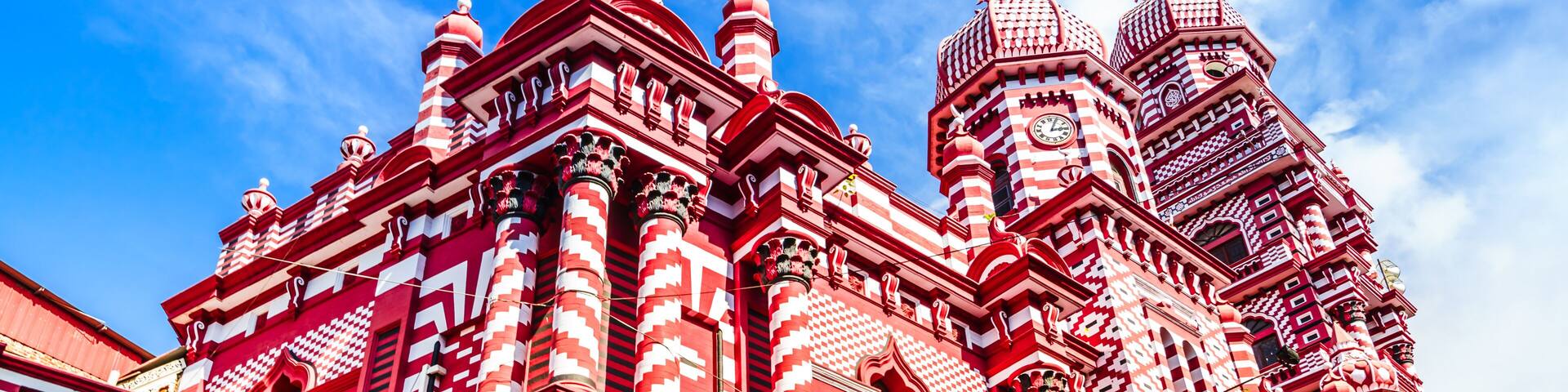 View on Jami-Ul-Alfar Mosque or Red Masjid Mosque is a historic mosque in Colombo, Sri Lanka