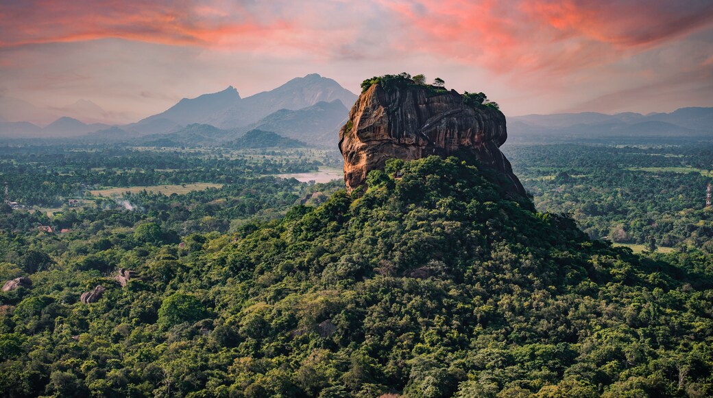 Spectacular view of the Lion rock surrounded by green rich vegetation. Picture taken from Pidurangala Rock in Sigiriya, Sri Lanka.