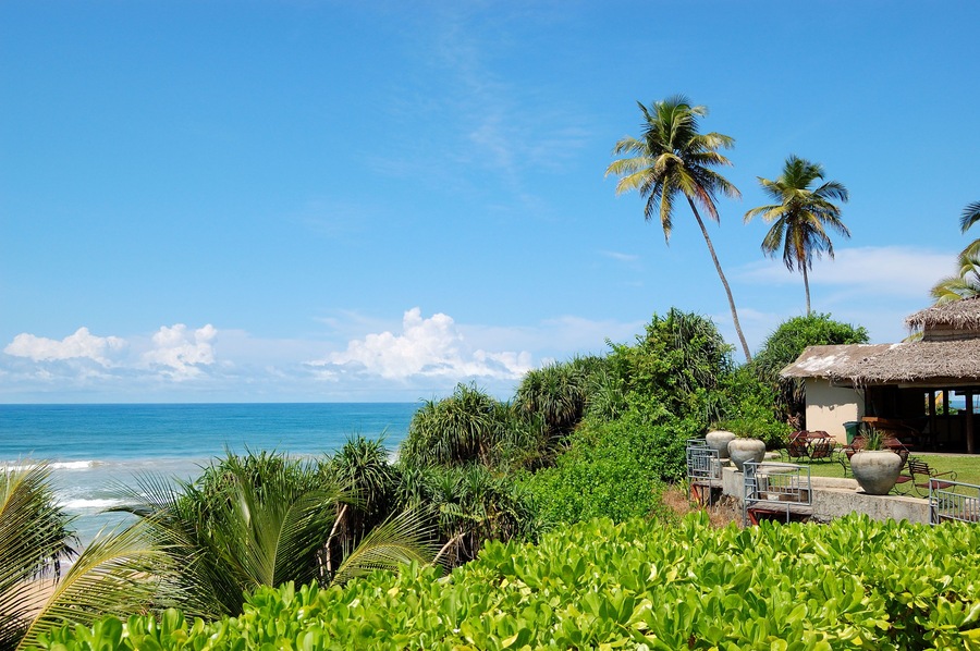 Outdoor restaurant at the luxury hotel with a ocean view, Bentota, Sri Lanka