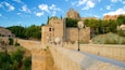 A historic stone wall with a tower, a large church with a bell tower, and lush greenery.