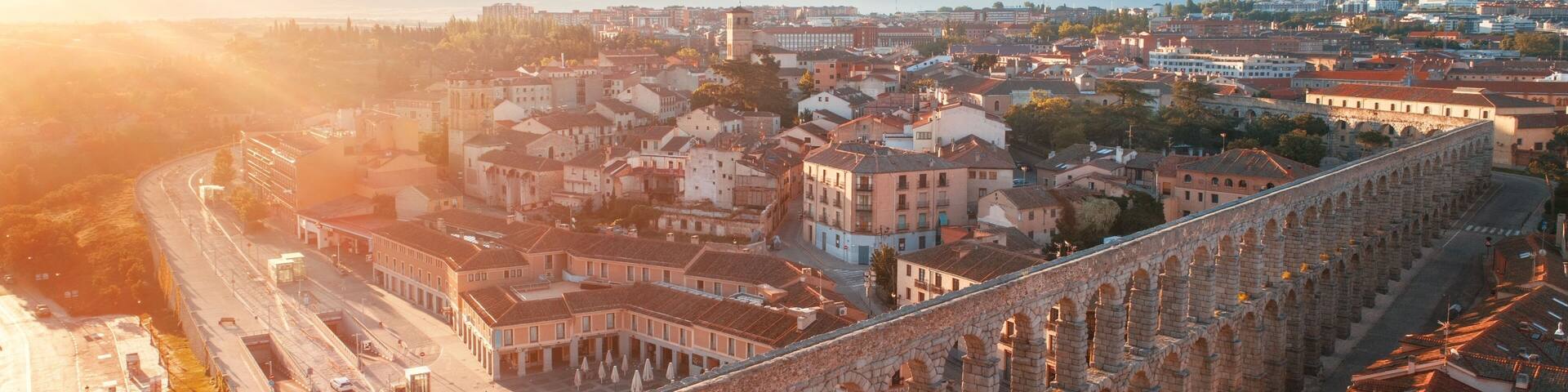 Segovia Roman Aqueduct aerial sunrise view