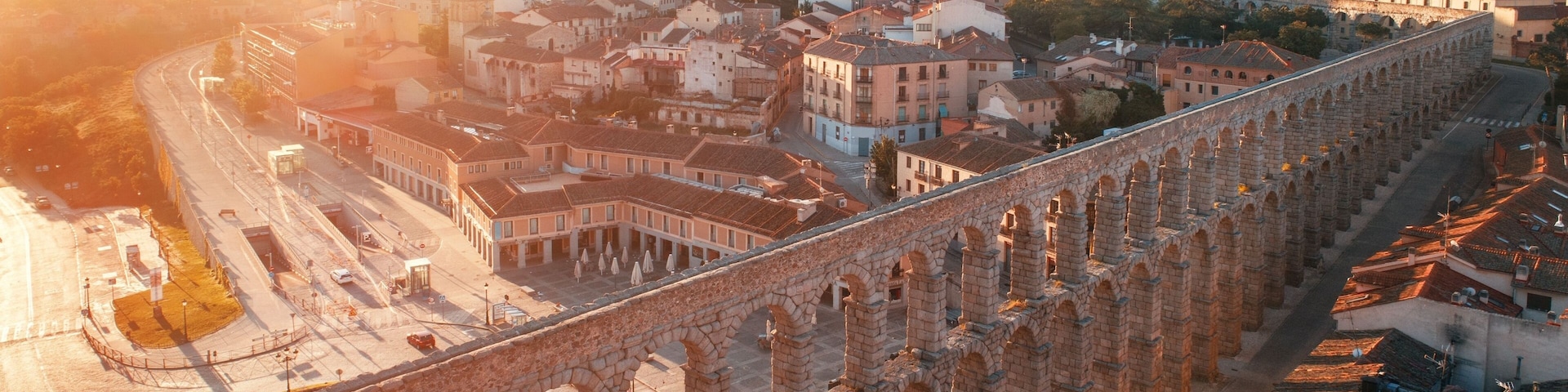 Segovia Roman Aqueduct aerial sunrise view
