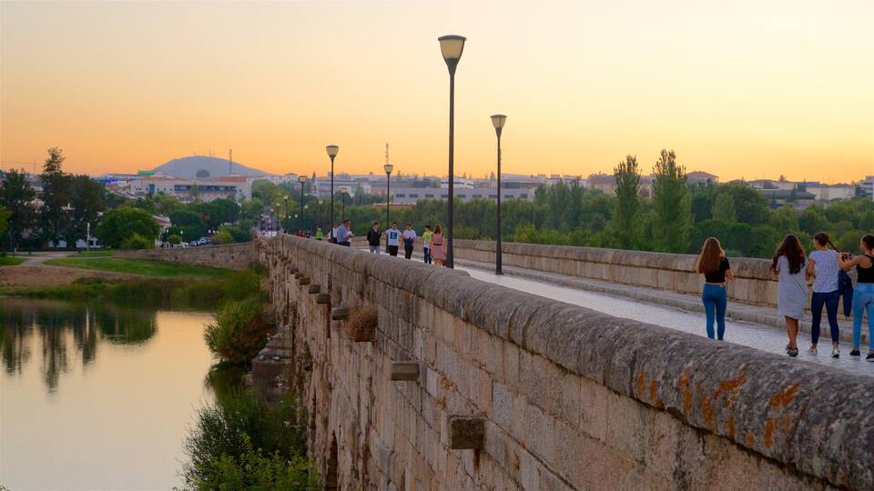 A stone bridge with people walking, a river, and buildings in the background.