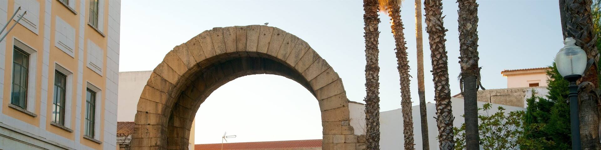 Un arco en una zona peatonal con gente caminando, palmeras y edificios al fondo.