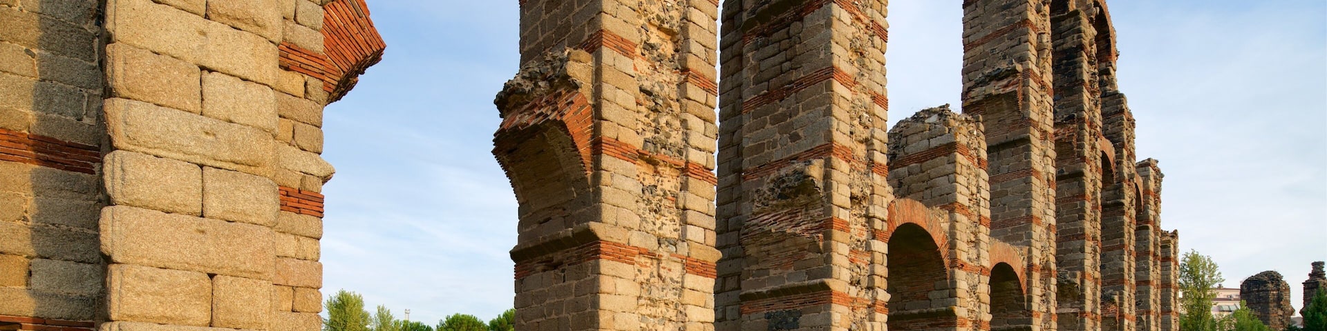 Ancient stone ruins with arches and brickwork, surrounded by a grassy field and trees.