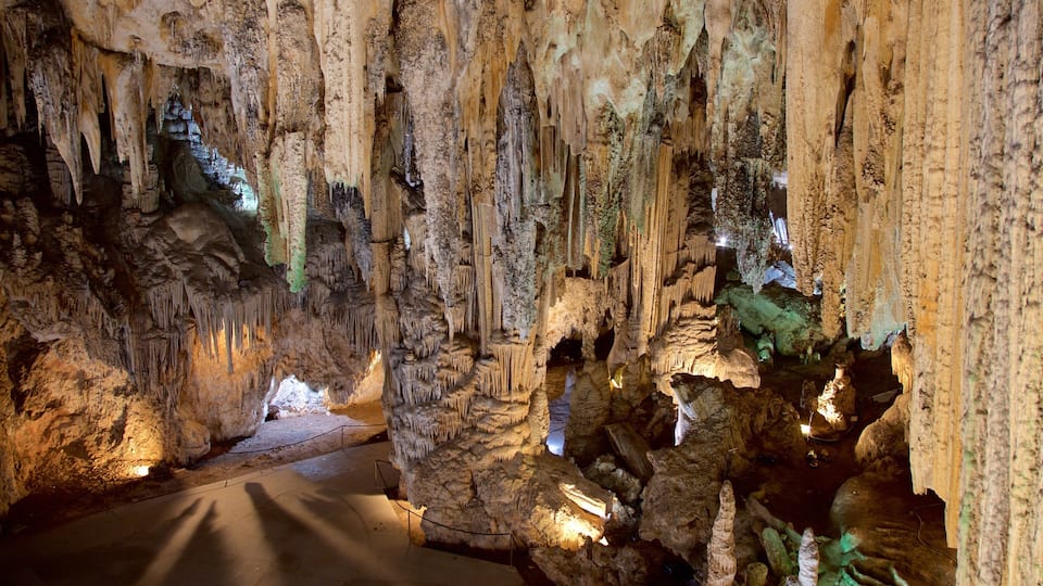 A cave with stalactites and stalagmites.
