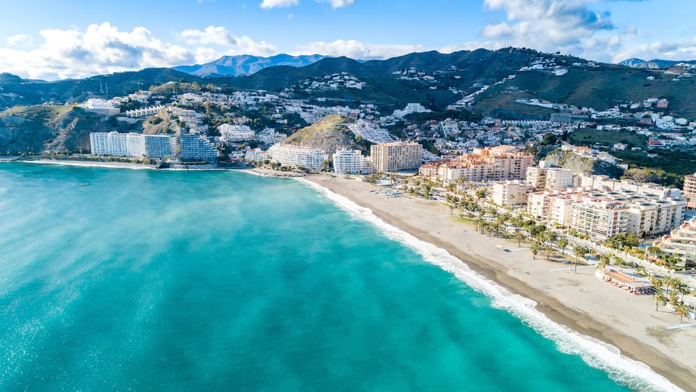 Part of a set of aerial views of a mediterranean spanish beach (San Cristobal beach) at Almunecar, Granada, Spain, Shutterstock ID 1060742624, Purchase Order: -