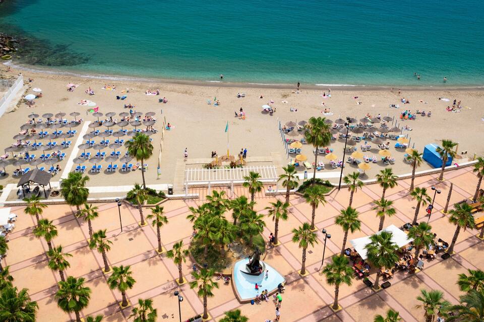 A beach with palm trees, umbrellas, and people.