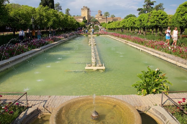 Une grande fontaine rectangulaire, avec un jet d’eau central, entourée de parterres de fleurs et d’arbres soigneusement entretenus.