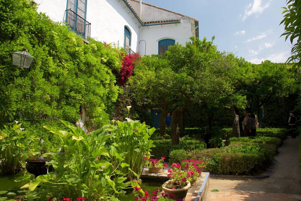 Un exuberante jardín con un edificio blanco, plantas en macetas y un sendero.