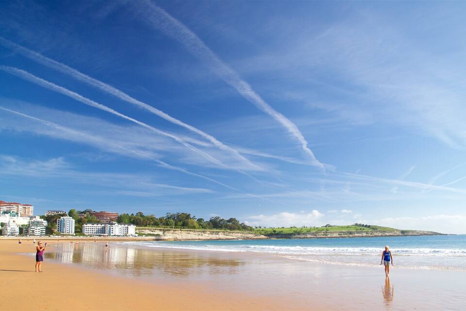 A beach with a clear sky, sandy shore, and buildings in the background.