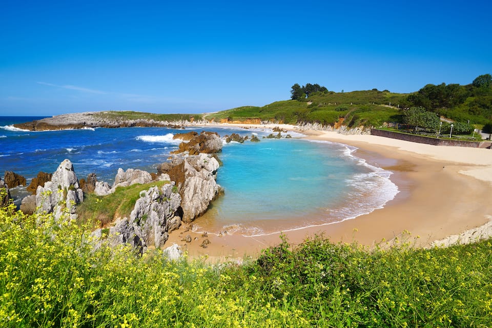 A coastal landscape with a sandy beach, rocky outcrops, and lush greenery.