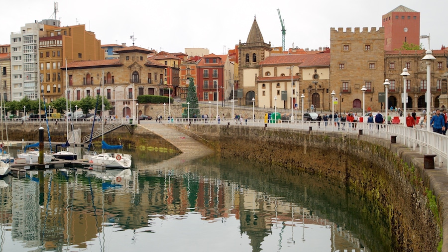 Palacio de Revillagigedo which includes a bay or harbour and a city as well as a large group of people