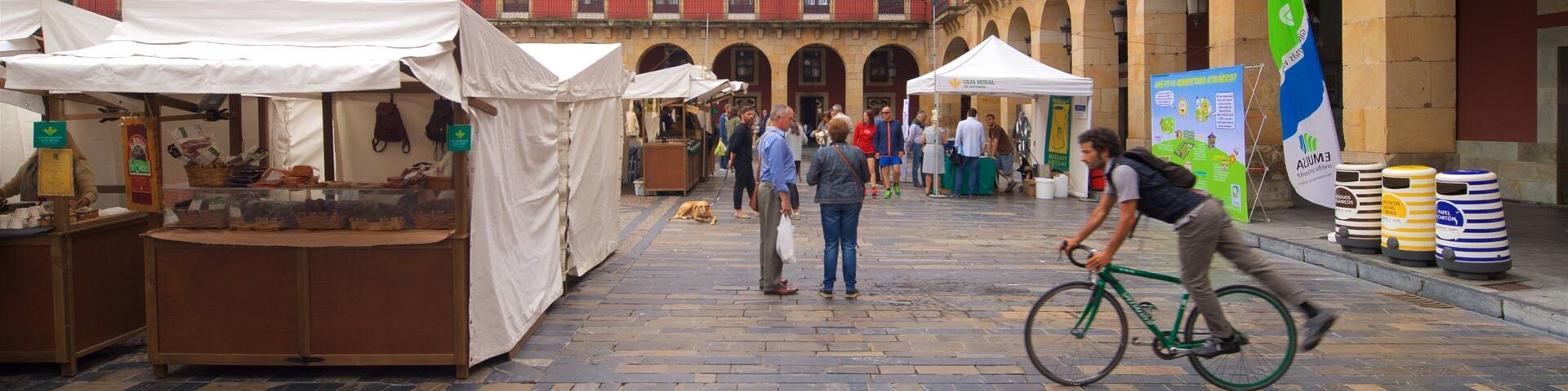 Plaza Mayor showing markets and heritage elements as well as a small group of people