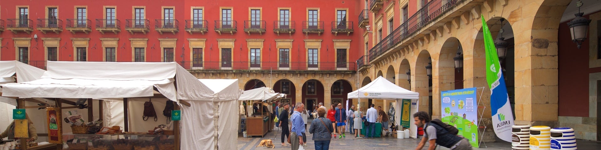Plaza Mayor mostrando mercados y elementos patrimoniales y también un grupo pequeño de personas