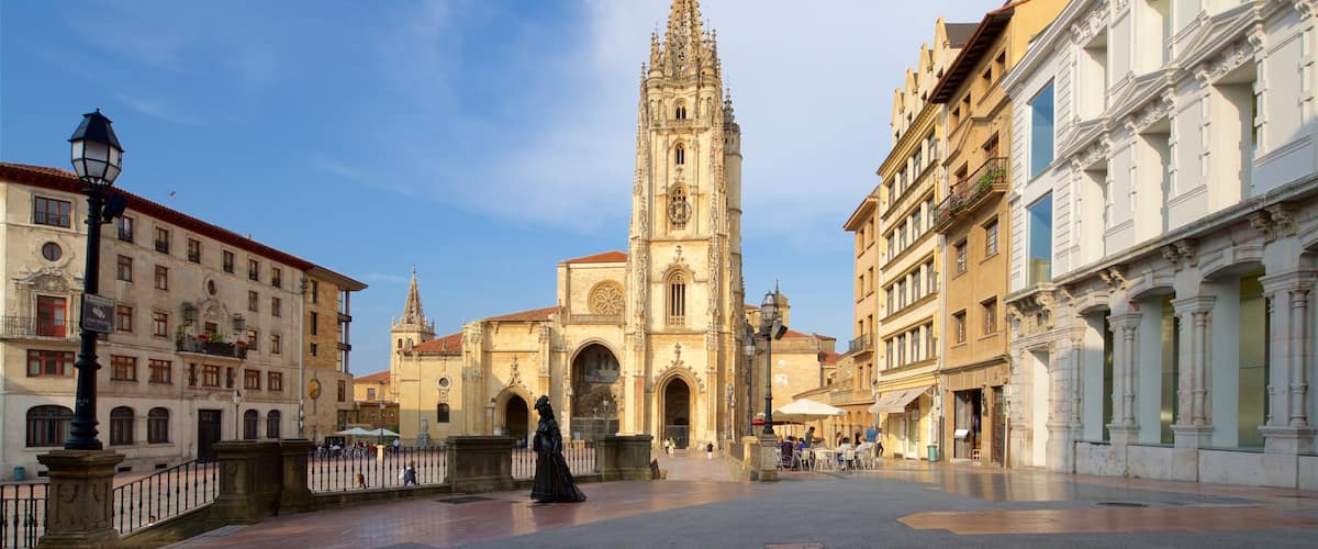 Oviedo Cathedral showing heritage architecture, a square or plaza and a church or cathedral