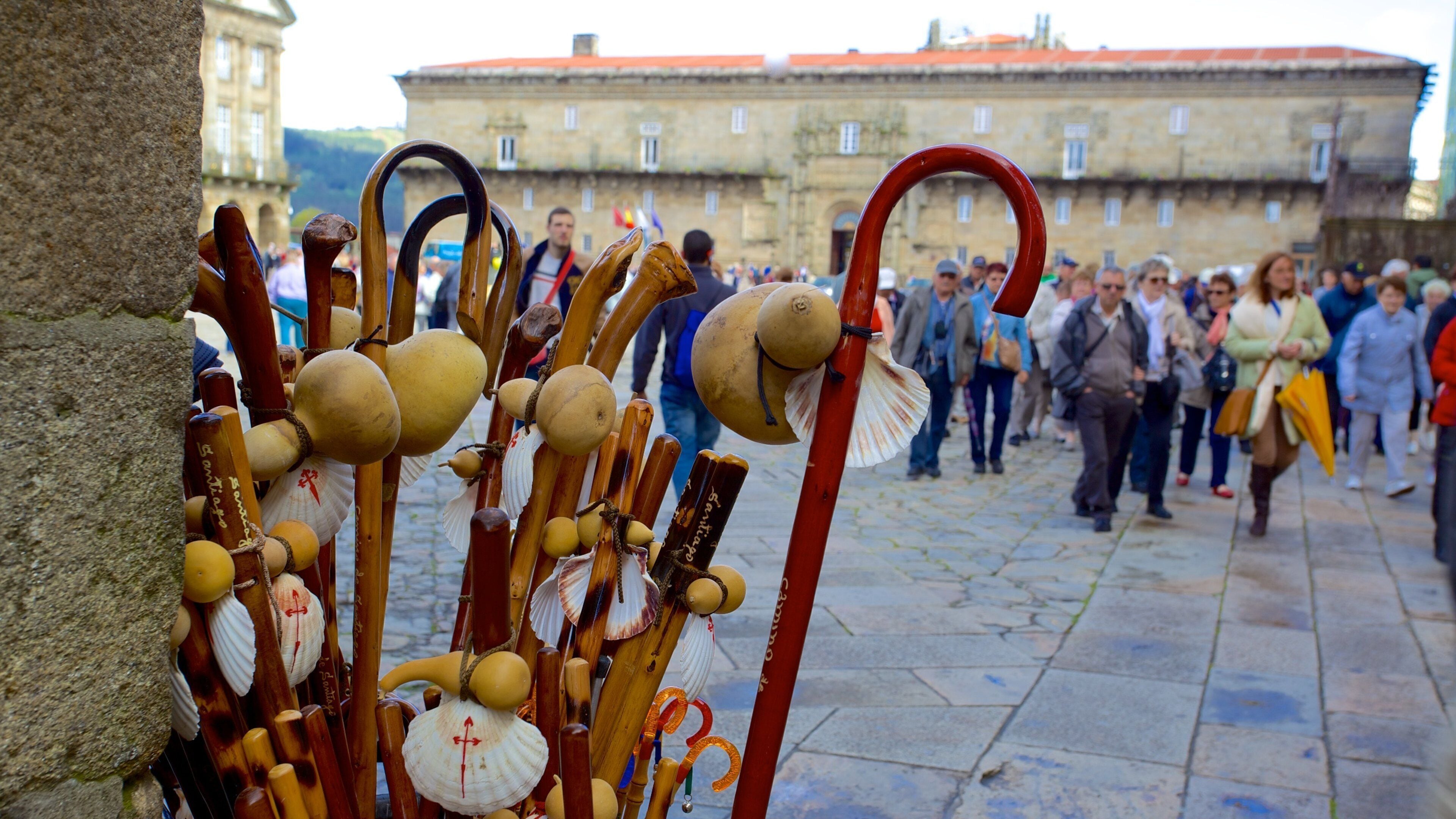 Obradoiro Square which includes a square or plaza as well as a large group of people
