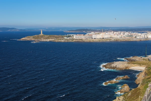 View on the famous lighthouse or Hercules Tower of A Coruna, Galicia, Spain. This lighthouse is more than 1900 years old and is the oldest Roman lighthouse in use today.
