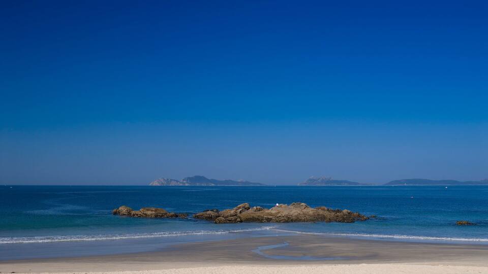 The view to the Cies Islands from Samil Beach, Vigo, Galicia, North West Spain. Image shot 04/2007