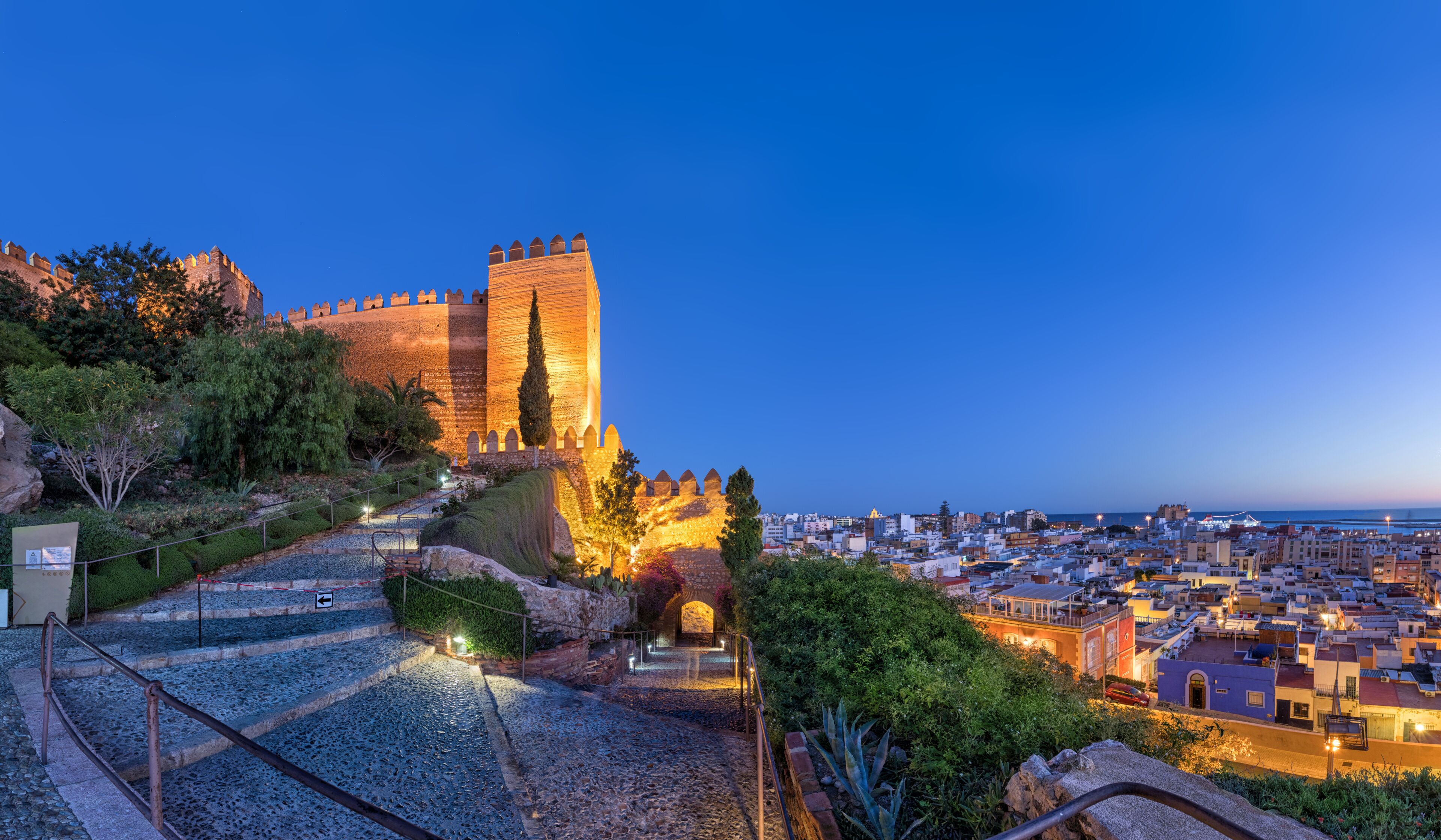 Panoramic view on city skyline and walls of Alcazaba fortress in Almeria, Andalusia, Spain