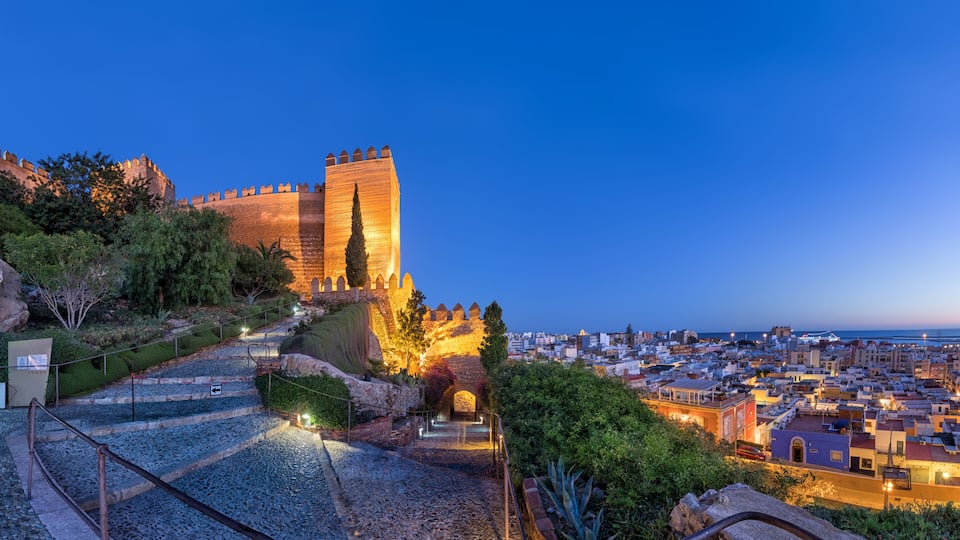 Panoramic view on city skyline and walls of Alcazaba fortress in Almeria, Andalusia, Spain
