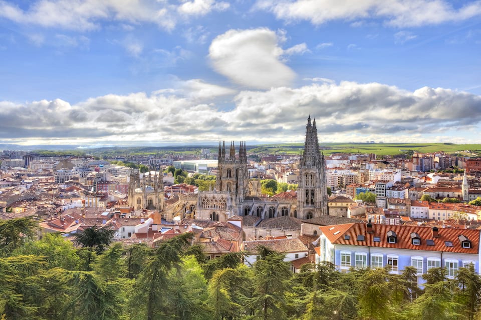 Paesaggio urbano con una cattedrale imponente e edifici circostanti.
