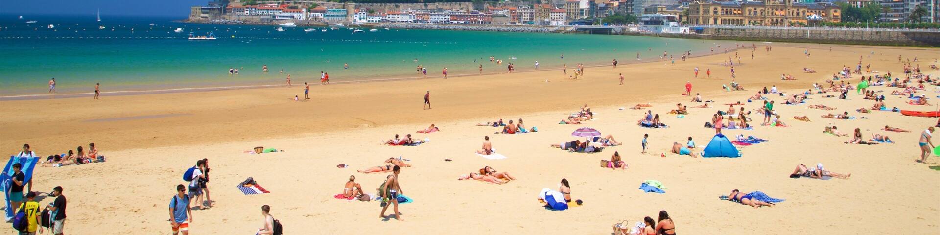 Plage de la Concha qui includes plage de sable, vues littorales et ville cĂŽtiĂšre