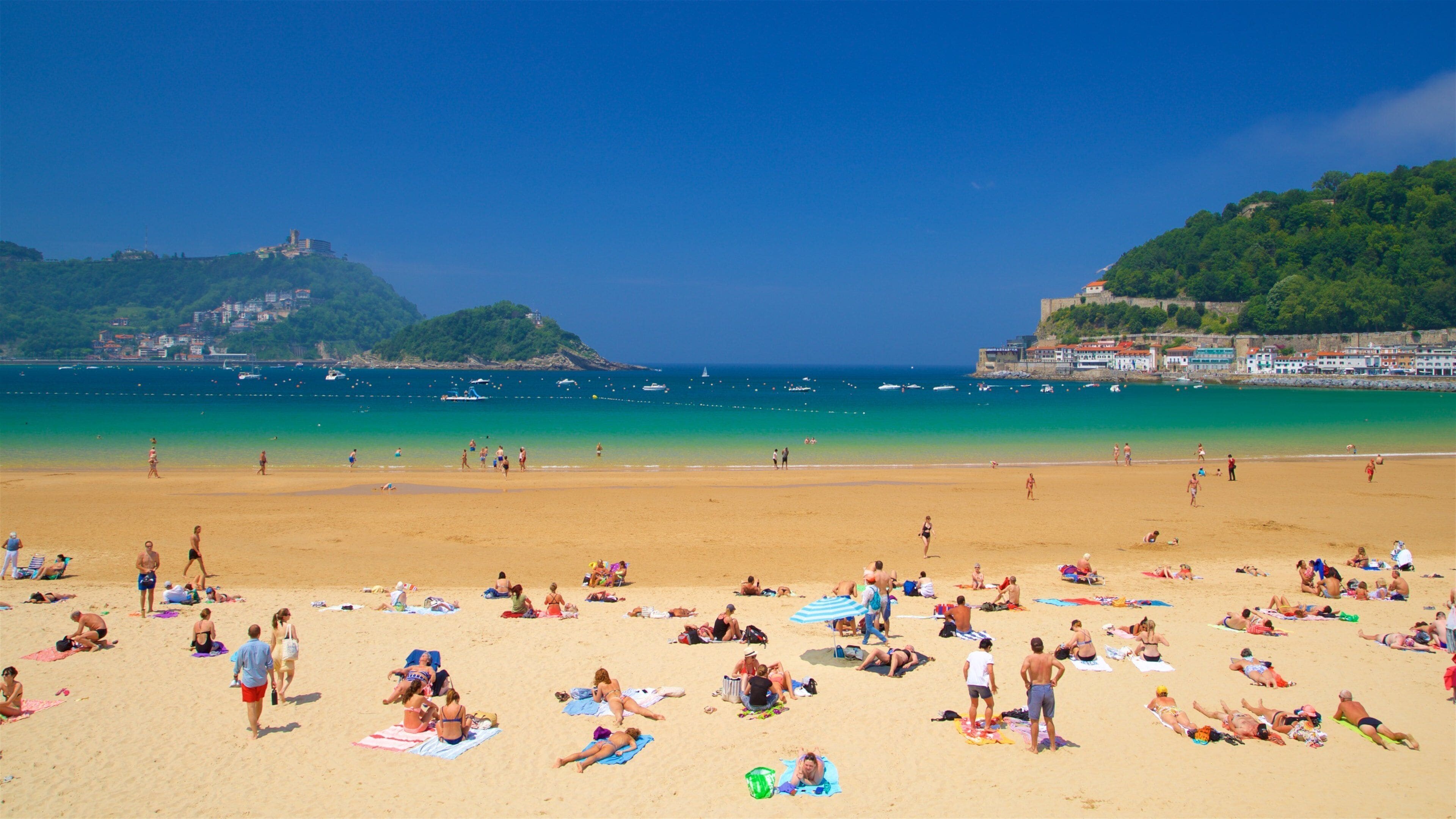 Plage de la Concha qui includes plage de sable, baie ou port et vues littorales