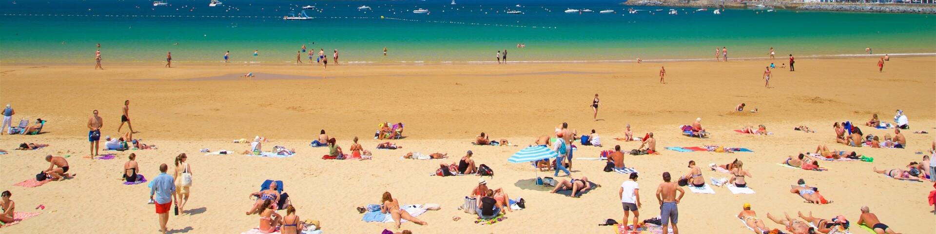 Concha Beach which includes a beach, a bay or harbor and general coastal views