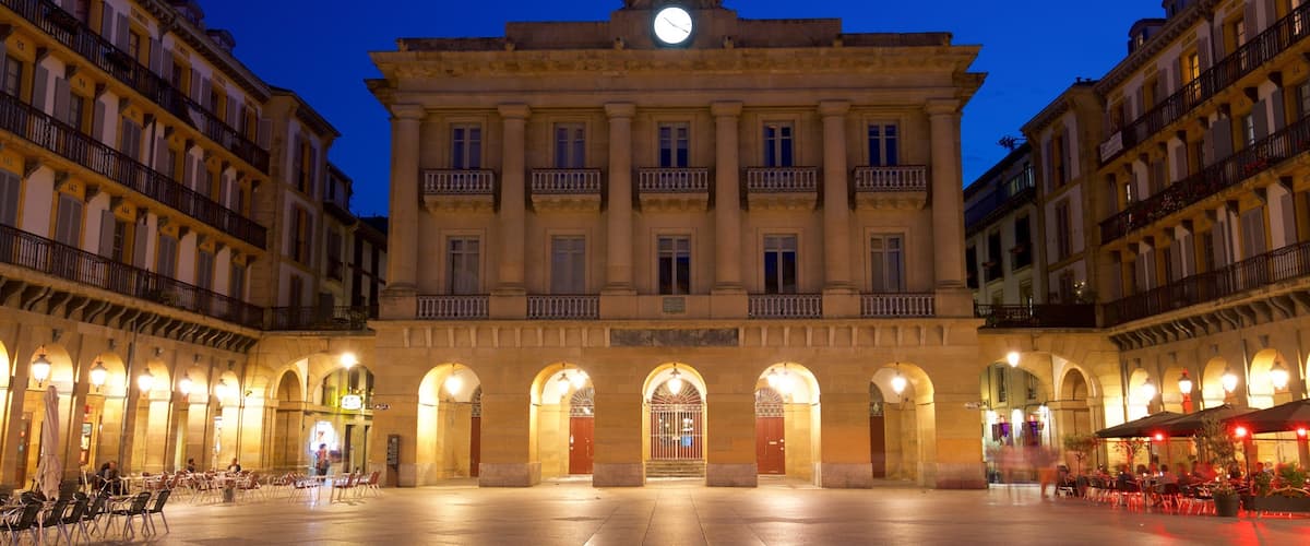 Plaza de la Constitución mostrando escenas nocturnas, un parque o plaza y elementos del patrimonio