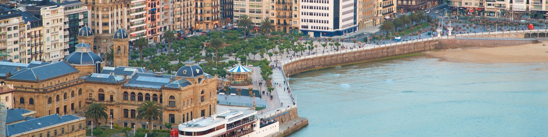 Un paisaje urbano costero con edificios históricos, un paseo marítimo y un muelle.