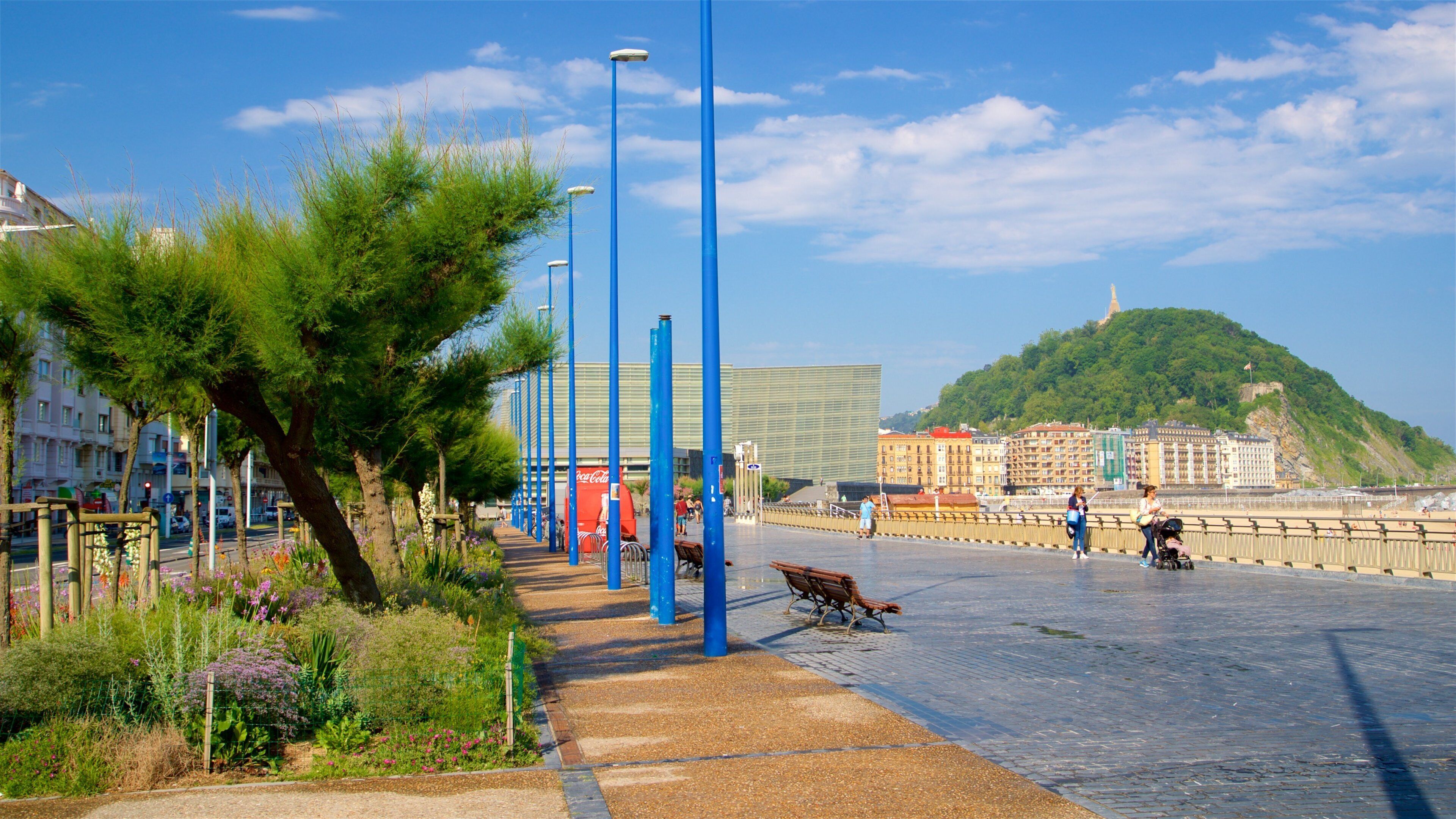 Zurriola Beach showing a park and a coastal town