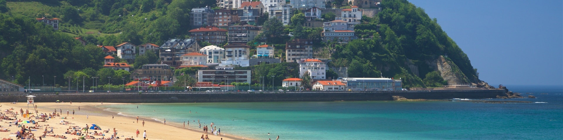 Ondarreta Beach which includes a sandy beach, general coastal views and a coastal town