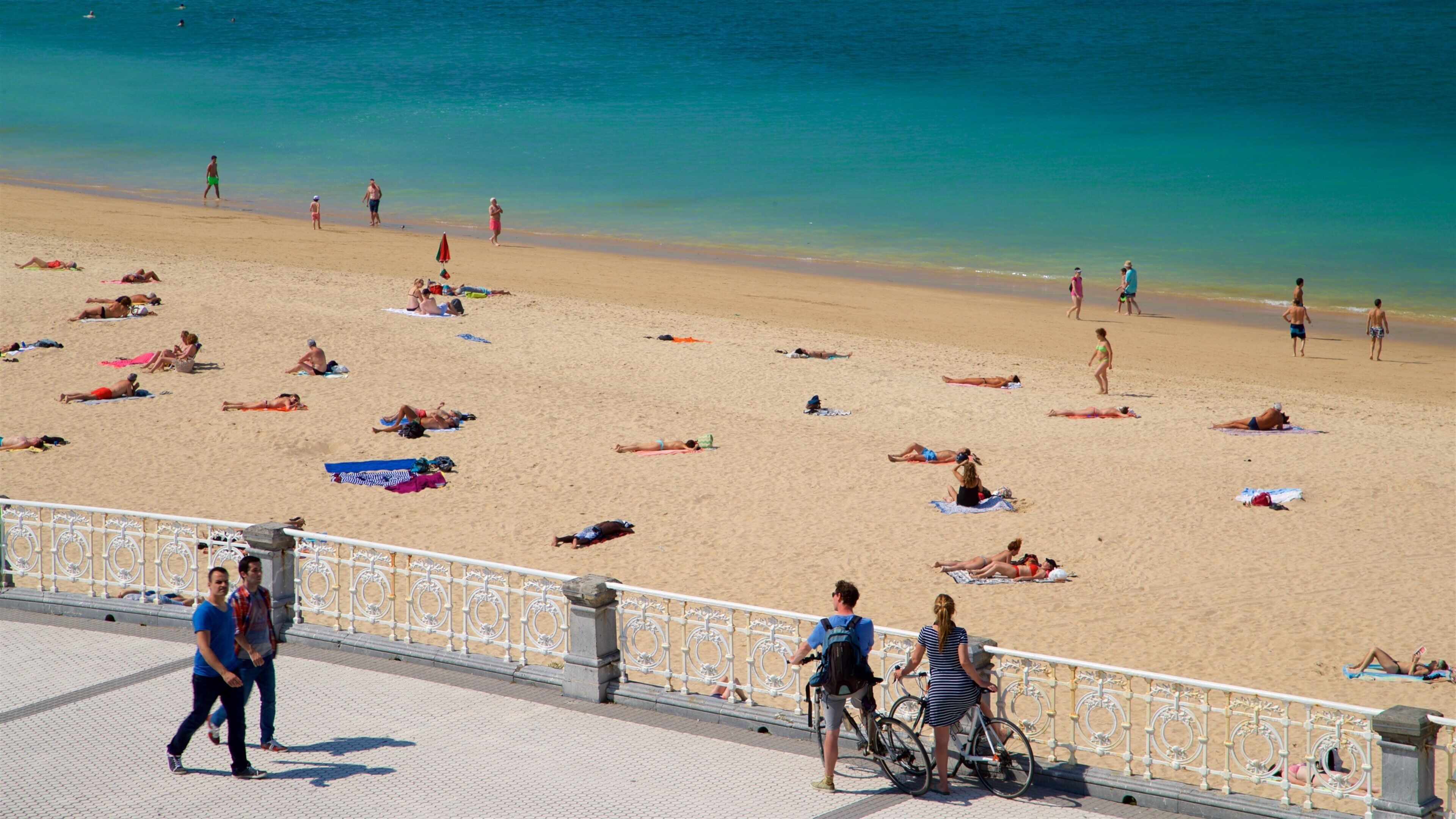 Ondarreta Beach which includes general coastal views and a beach as well as a small group of people