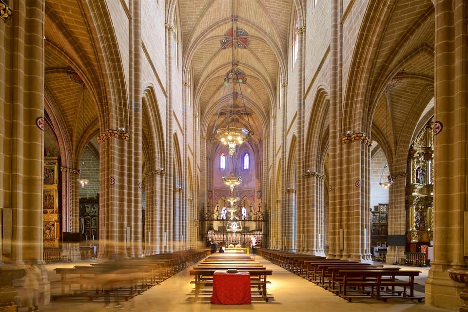 A cathedral interior with high vaulted ceilings, rows of pews, and a central aisle leading to an altar.