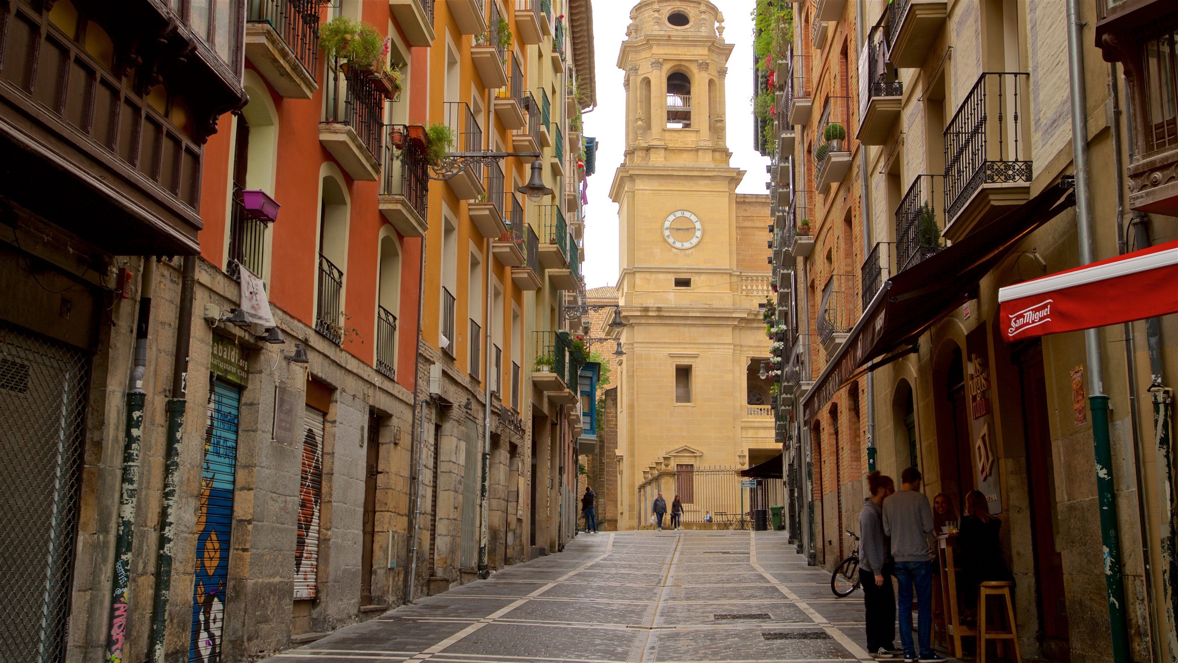 Pamplona Cathedral showing street scenes and heritage elements as well as a small group of people
